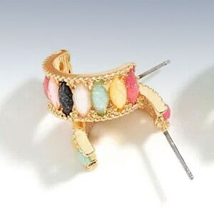 Pretty Gold-Tone RAINBOW Multi-Color Glitter Stones Huggie Hoop EARRINGS